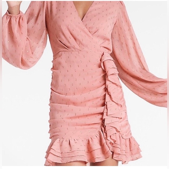 Express Pink Metallic Faux Wrap Ruffle Detail Mini Dress. - Picture 3 of 4